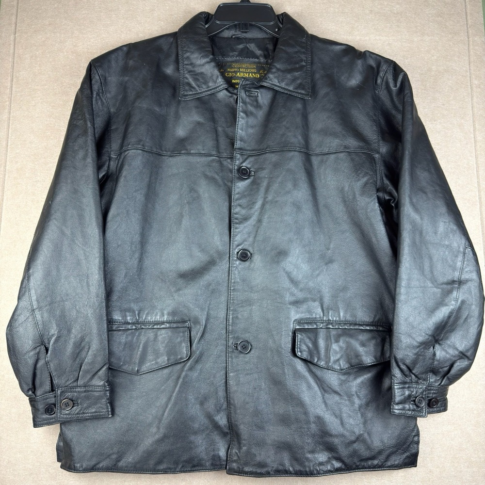 Vintage Gio-Armand Men's M Black Genuine Leather Jacket Button‎ Front Italy Made